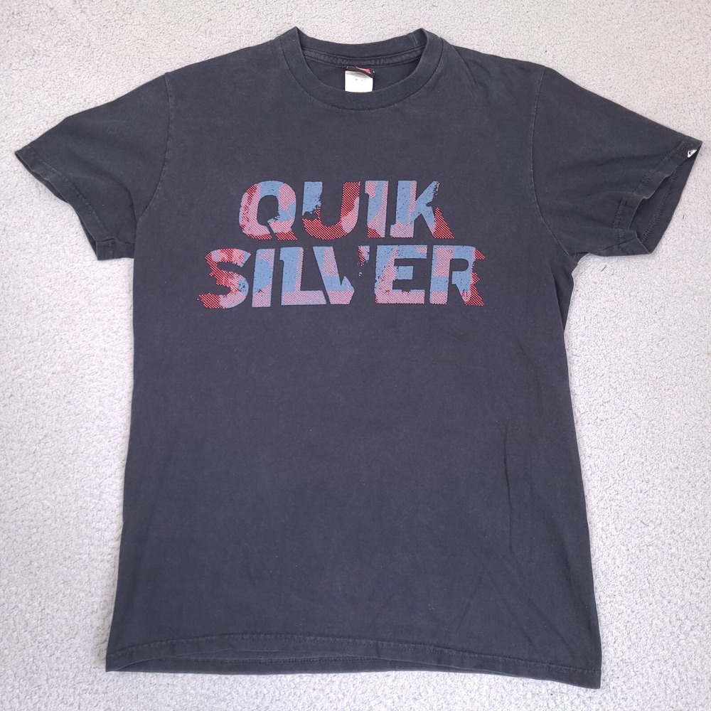 Quicksilver T-Shirt Men's Medium Black Graphic Print Tee Cotton Surf Skater